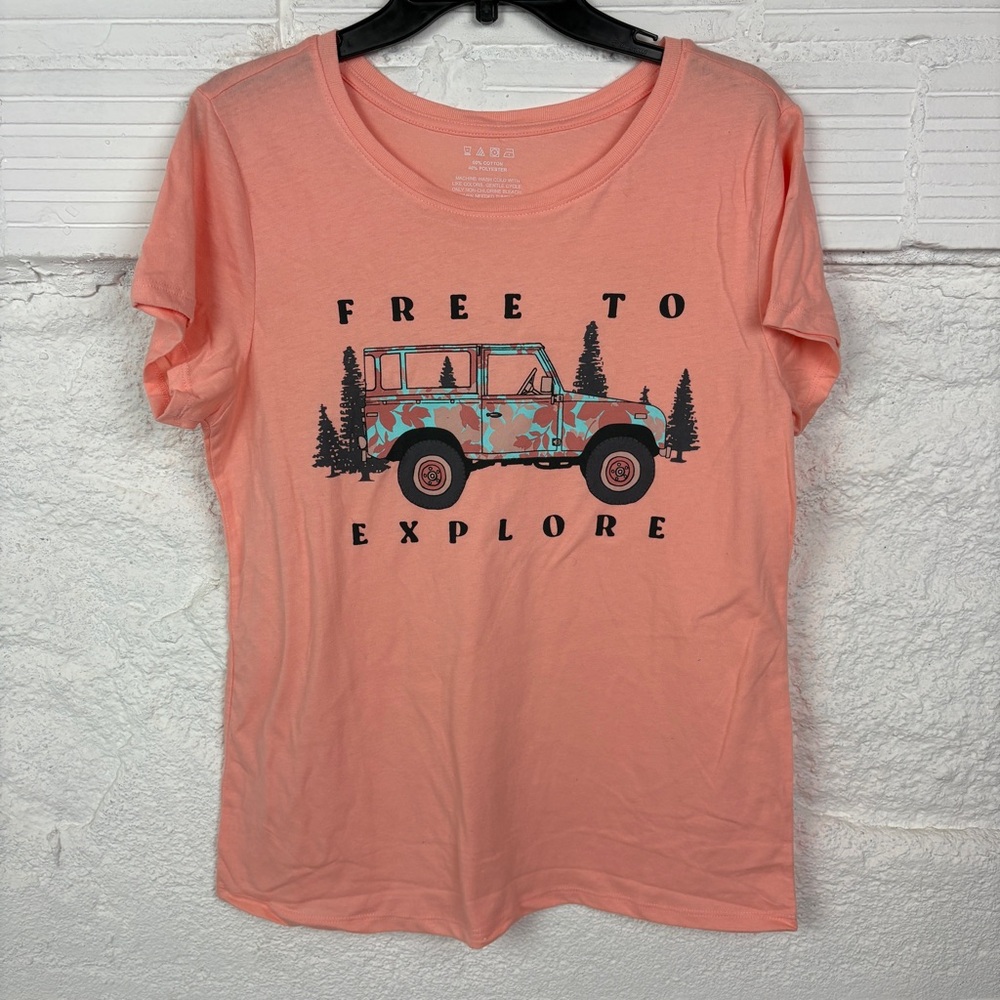 NWOT UNBRANDED pink peach jeep car FREE TO EXPLORE wilderness short sleeve top M